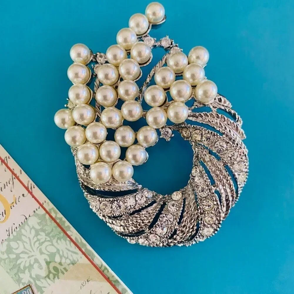 Vintage Crystal & Faux Pearl Waterfall Brooch Silver-Tone